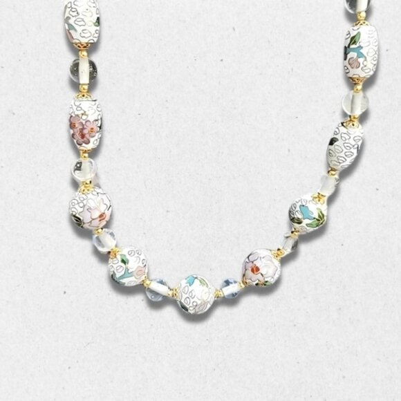 Clear Glass Cloisonné Beaded Necklace Floral Design Comfortable Multicolor W OS - Picture 2 of 5